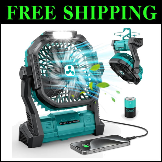 Ultra-Quiet 4-Speed Portable Fan with 3 Brightness Levels for Camping Adventures