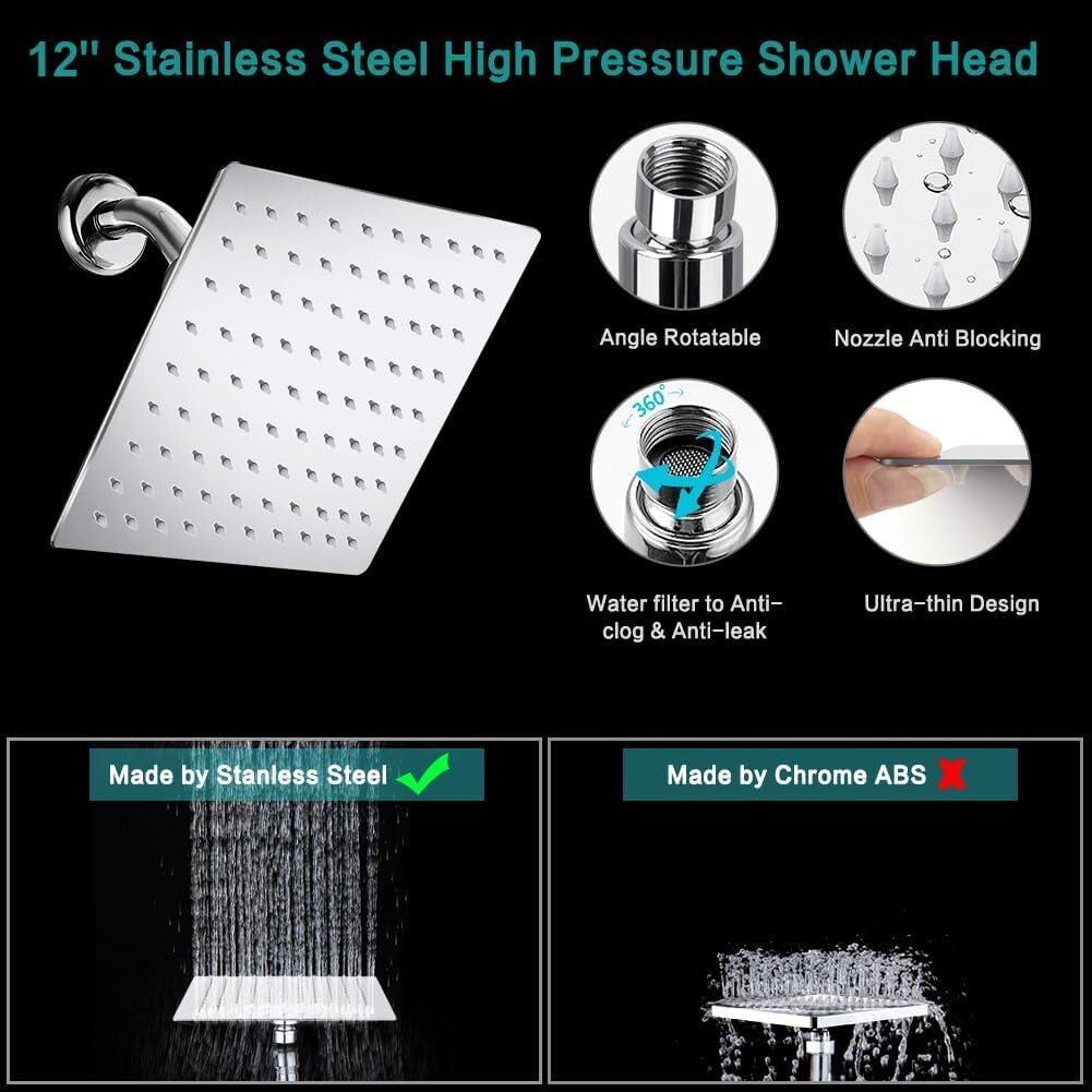 12 Inch High Pressure Rainfall Shower Head & Handheld Combo with Extension Arm