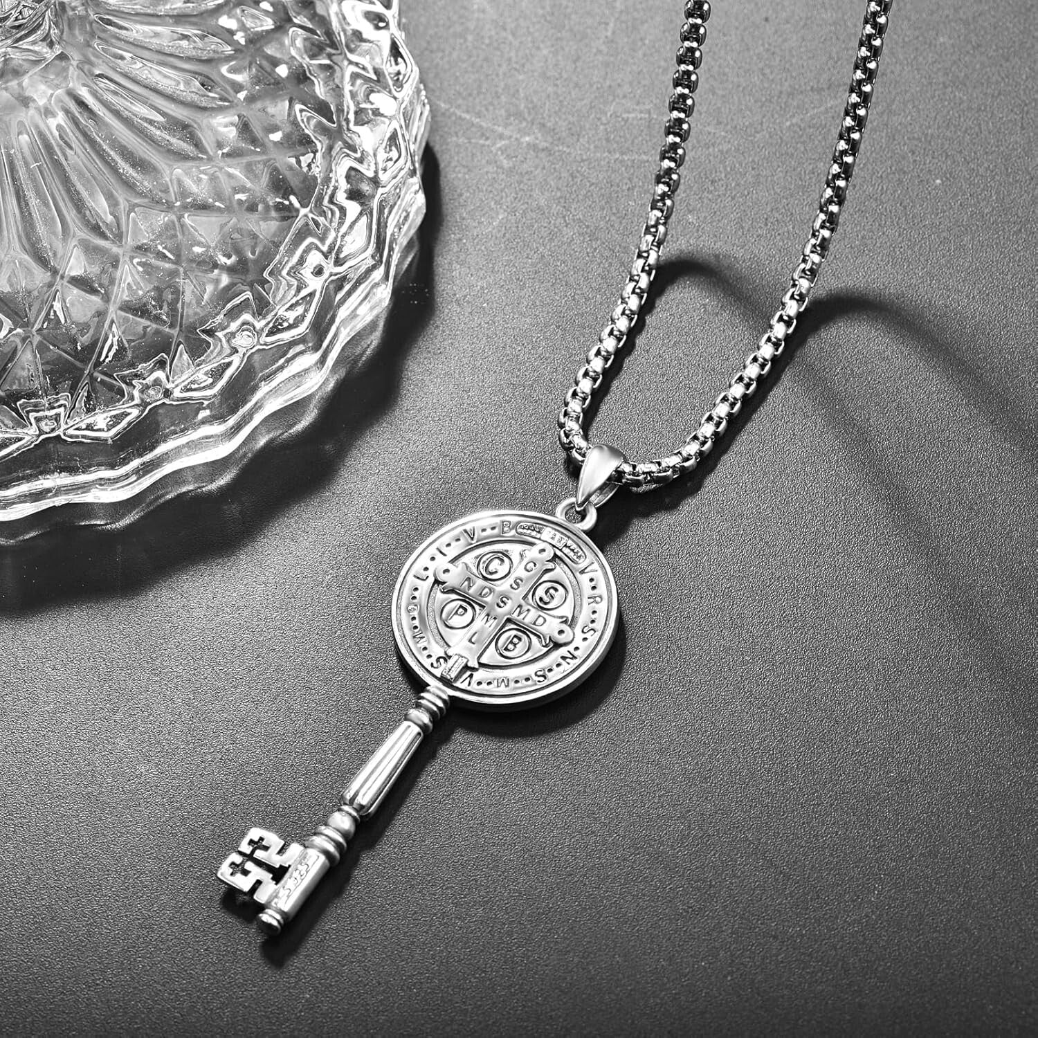 Elegant 925 Sterling Silver Saint Benedict Amulet Pendant with Adjustable Chain