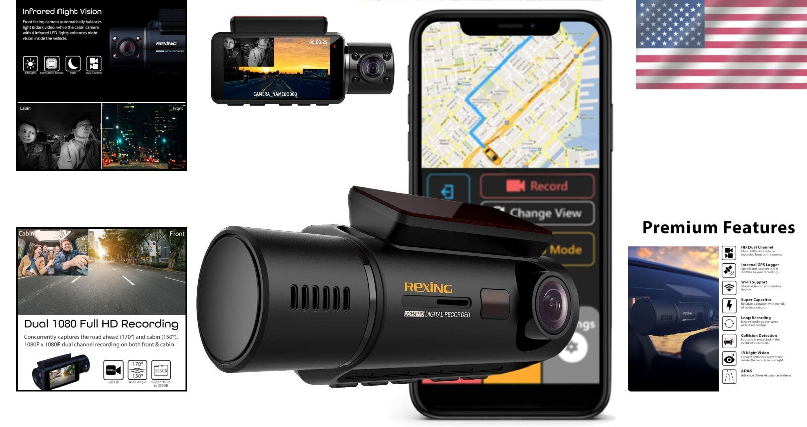 Full HD Dual Camera Car Dash Cam with Infrared Night Vision & Supercapacitor