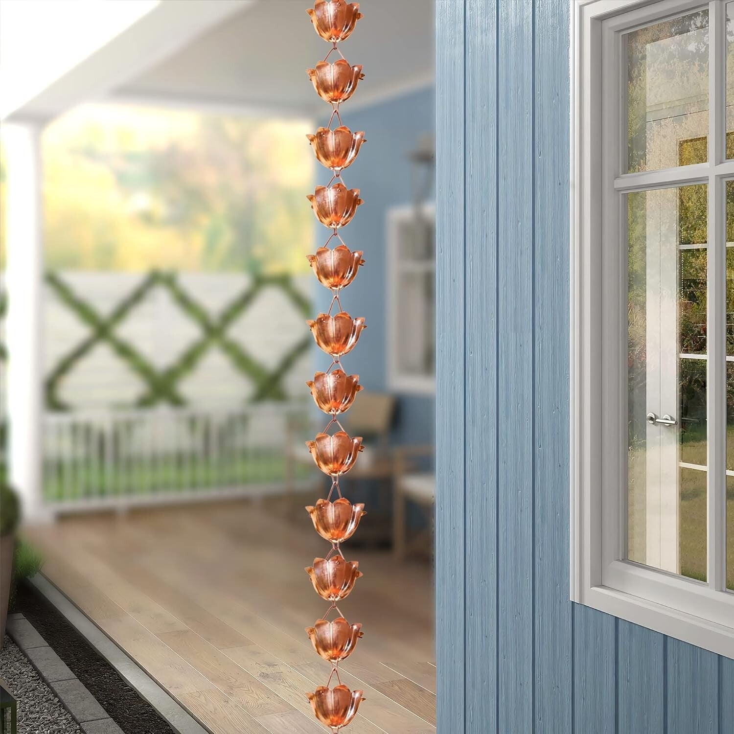 Durable 8.5 Ft Copper Rain Chain with Elegant Lotus Cups - Eco-Friendly Solution