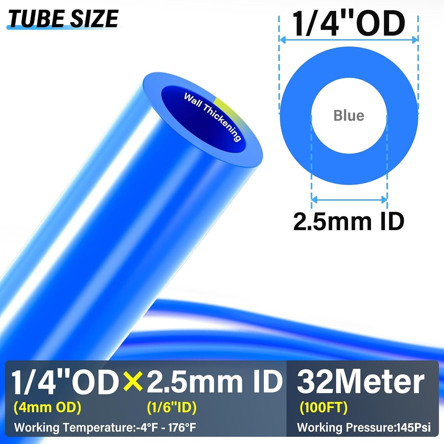 Blue 1/4" OD & 1/6" ID PU Air Tubing Hose - 100ft Flexible Fluid Transfer