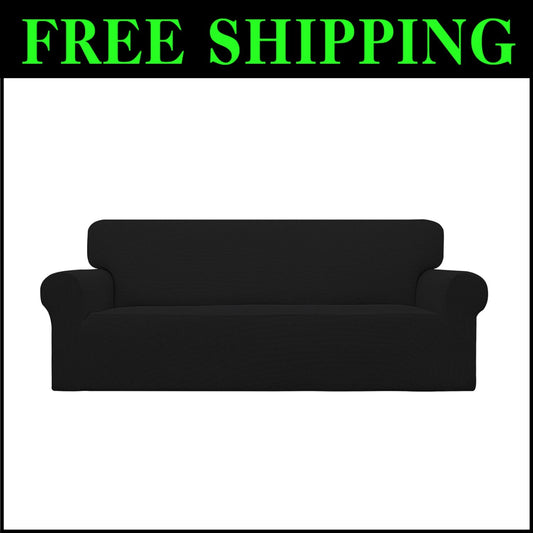 Stretchable Oversized Sofa Slipcover - Soft Checkered Jacquard Black Protector