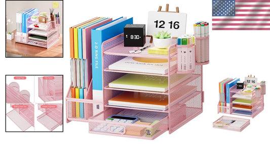 Elevate Your Office with a 5-Tier Pink Mesh Desk Organizer and Storage Drawer