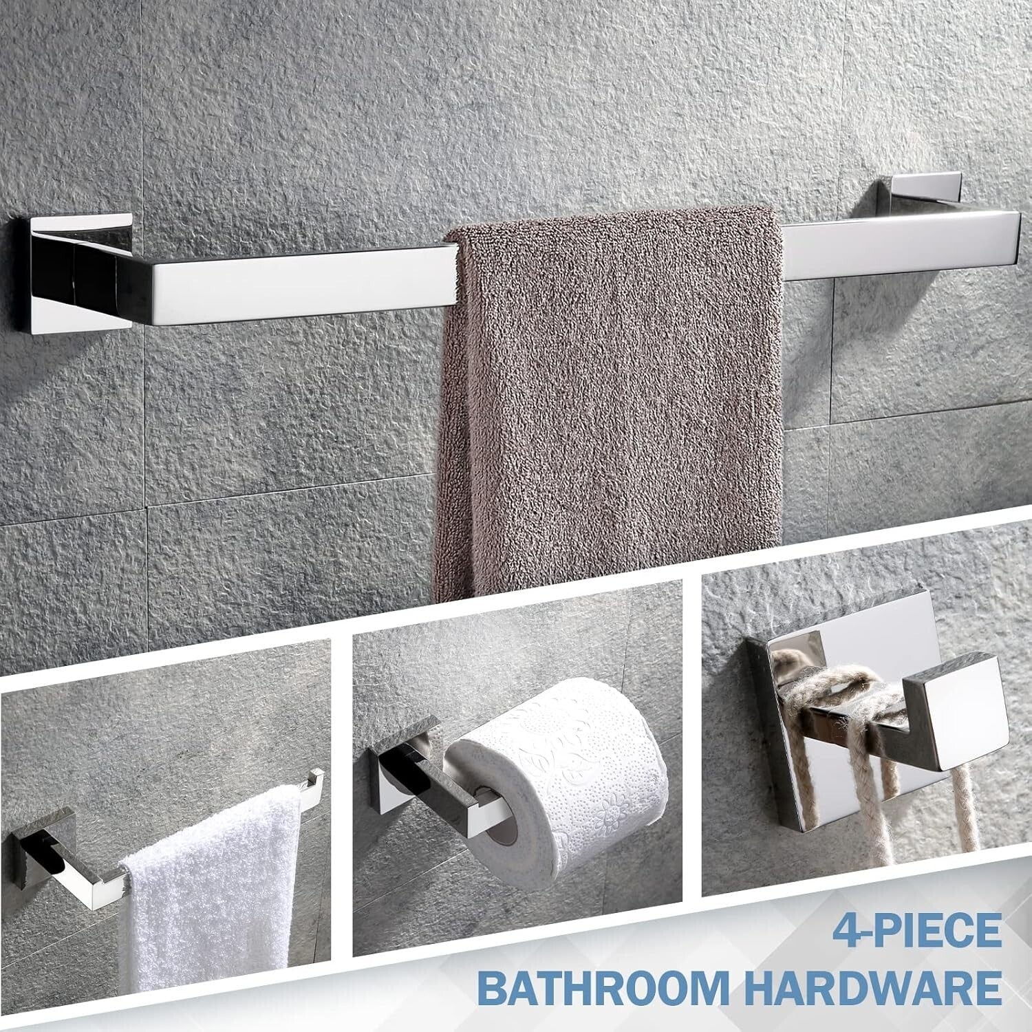 Elegant 4-Piece Wall Mounted Towel Bar Set - Polished Stainless Steel Finish