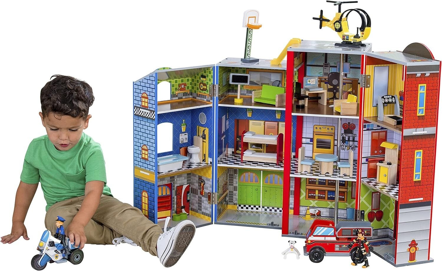 Everyday Heroes 3-Level Wooden Playset with Foldable Design & Firefighter's Pole