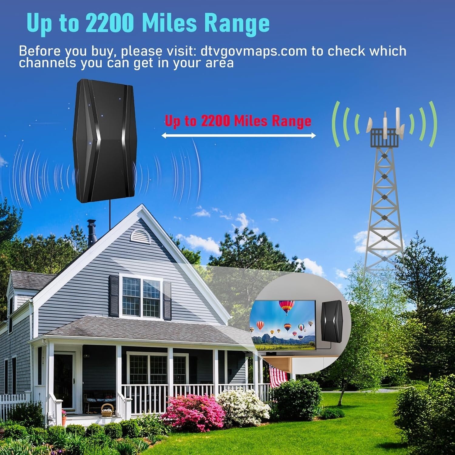 2200+ Miles Range Indoor Digital TV Antenna with Signal Booster & 1300 Channels