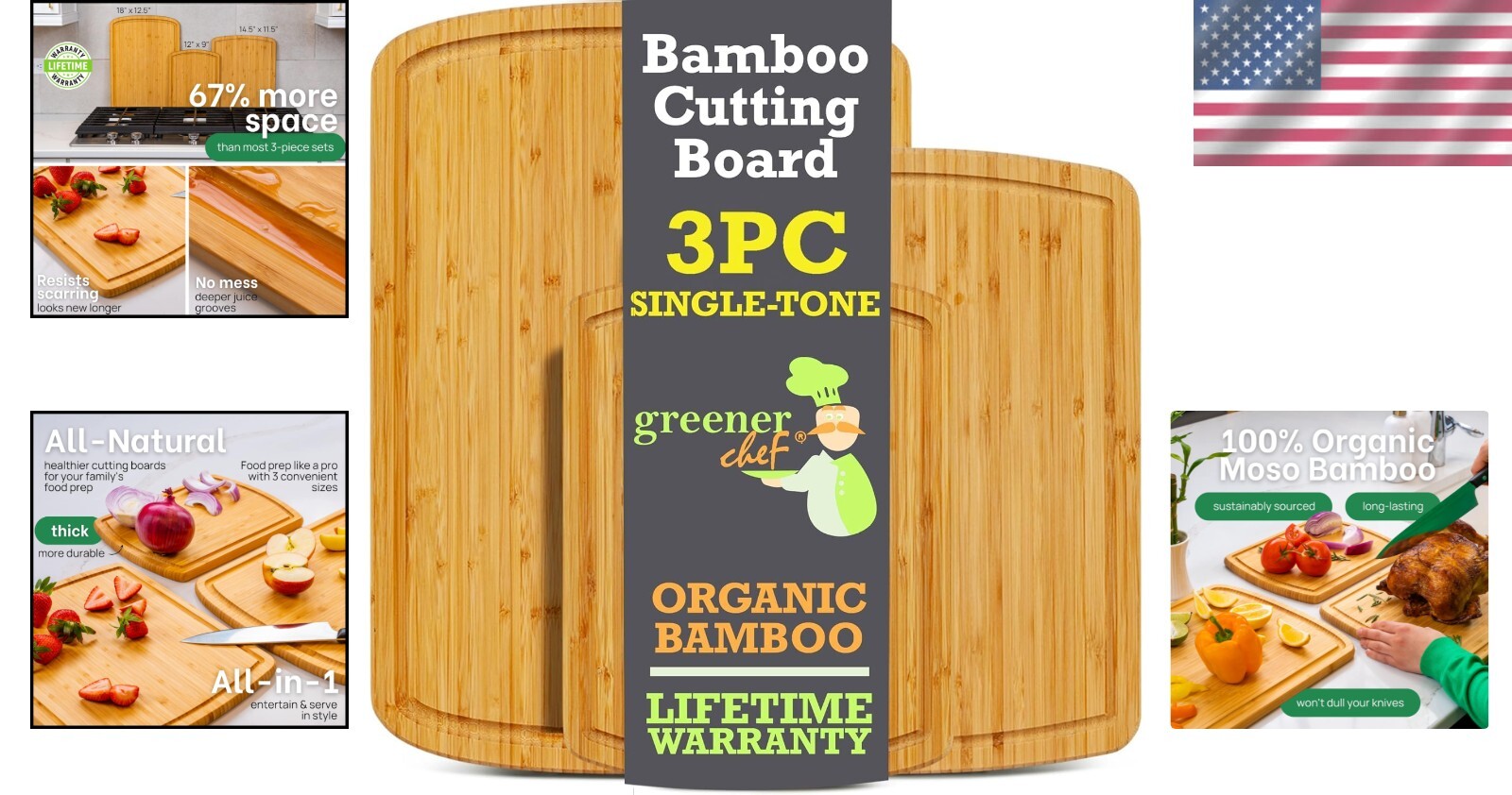 Premium Bamboo Cutting Board Set - 62% More Cutting Area & Lifetime Replacements
