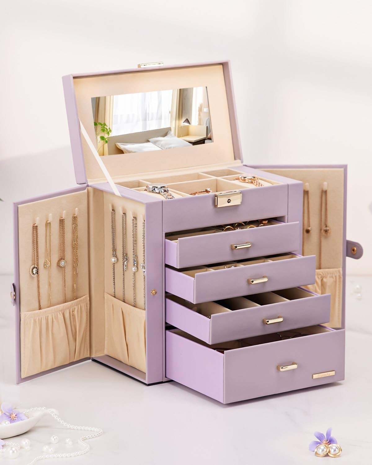 5-Layer Mirrored Jewelry Case with Lock - Luxe Storage for Accessories