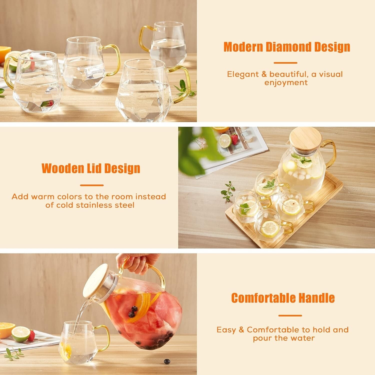 Diamond Design 68 oz Glass Water Pitcher with 4 Cups - Perfect for Entertaining