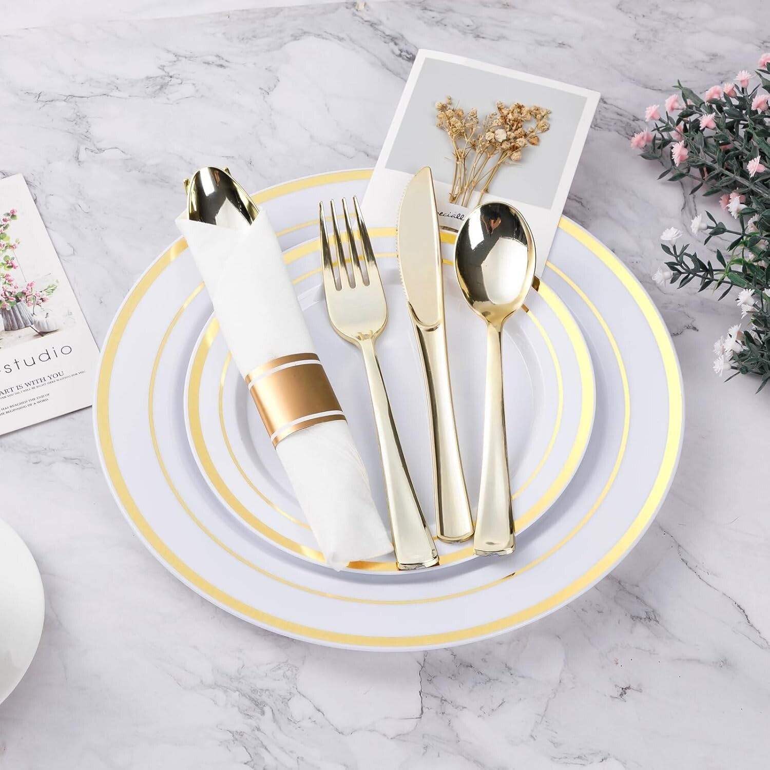 Complete Gold Plastic Dinnerware Set - 350PCS for Effortless Entertaining of 50