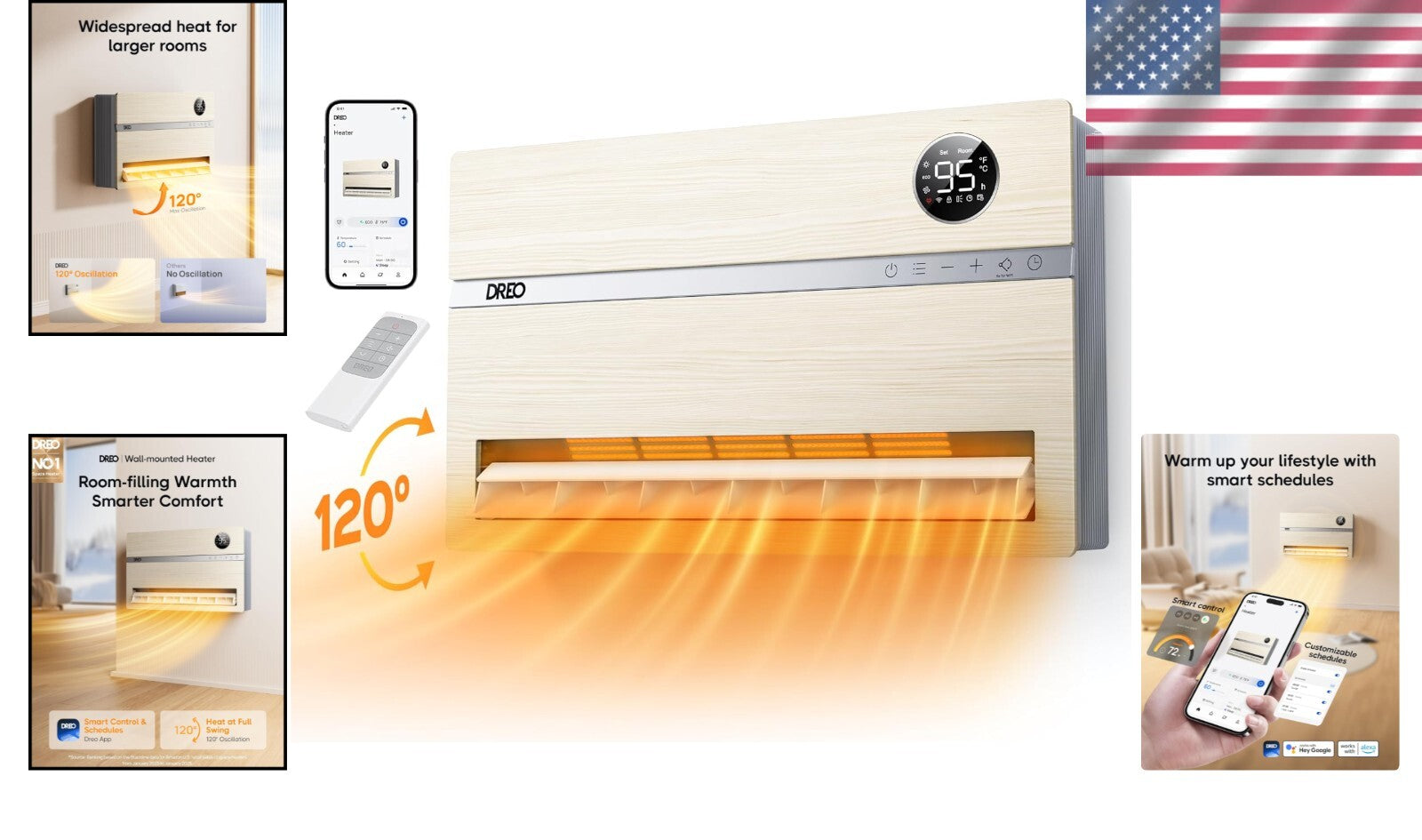 Versatile Electric Space Heater - Wall-Mounted with 120° Oscillation & Remote