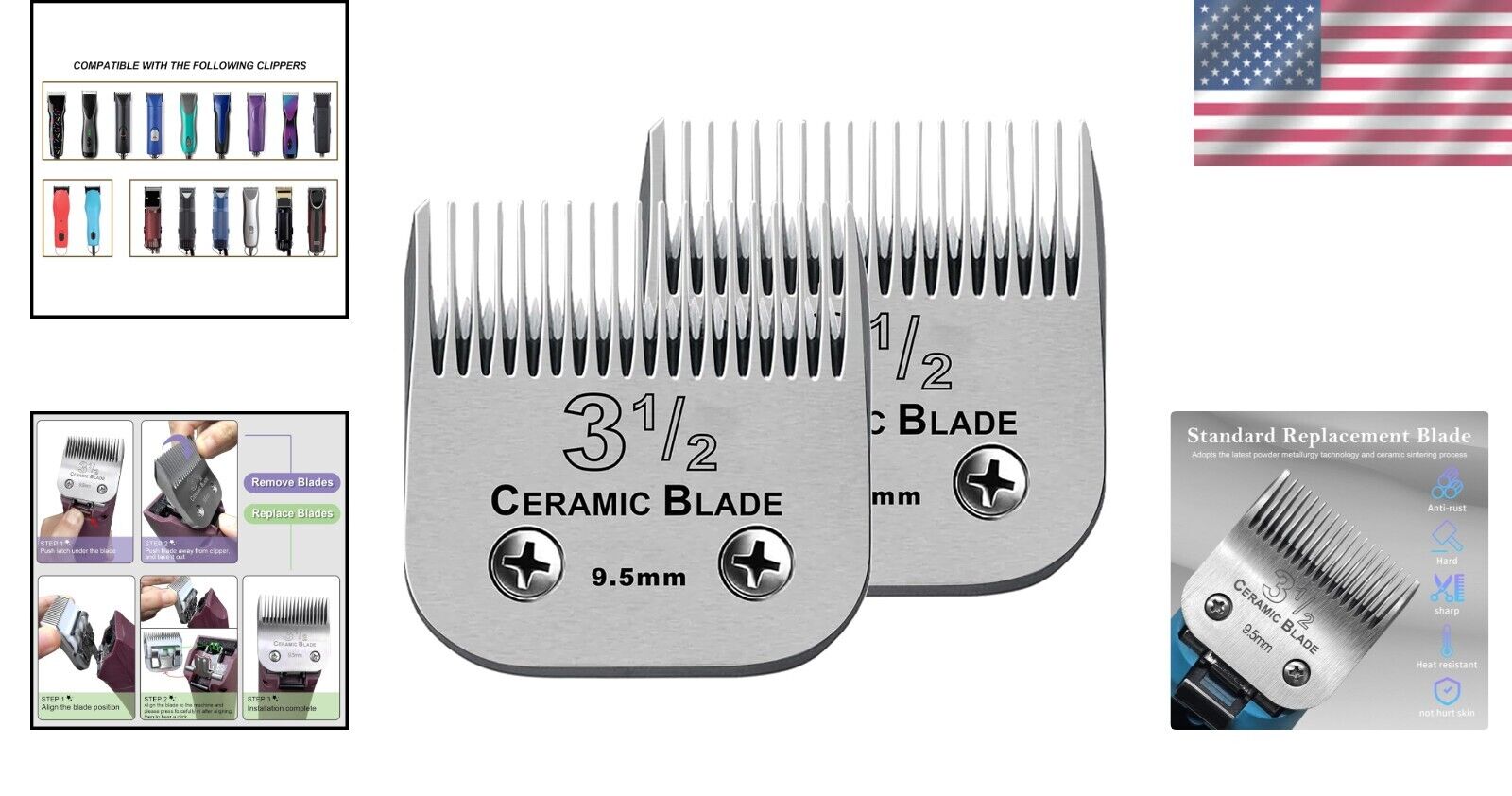 Quiet Detachable Clip Blades Set - Compatible with Andis/Oster Clippers, 3-1/2"