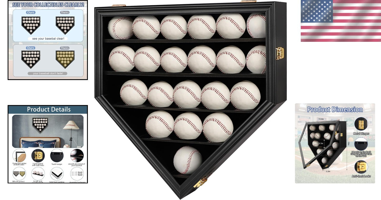 Black Wooden Baseball Display Cabinet with Gold Locks - Perfect for Collectors