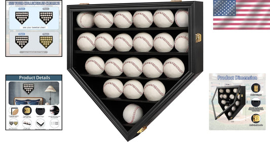 Black Wooden Baseball Display Cabinet with Gold Locks - Perfect for Collectors