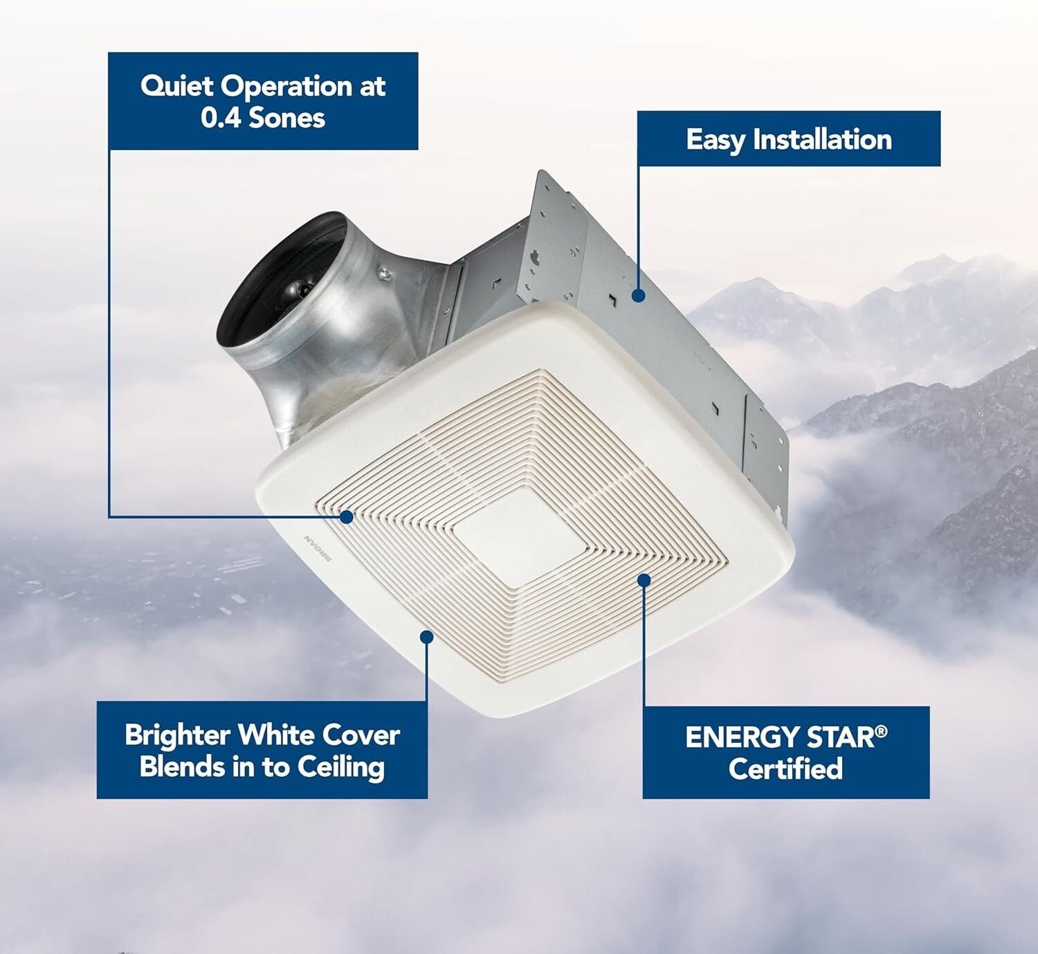 High Efficiency 80 CFM Ceiling Mount Bathroom Fan - Silent Operation 0.4 Sones