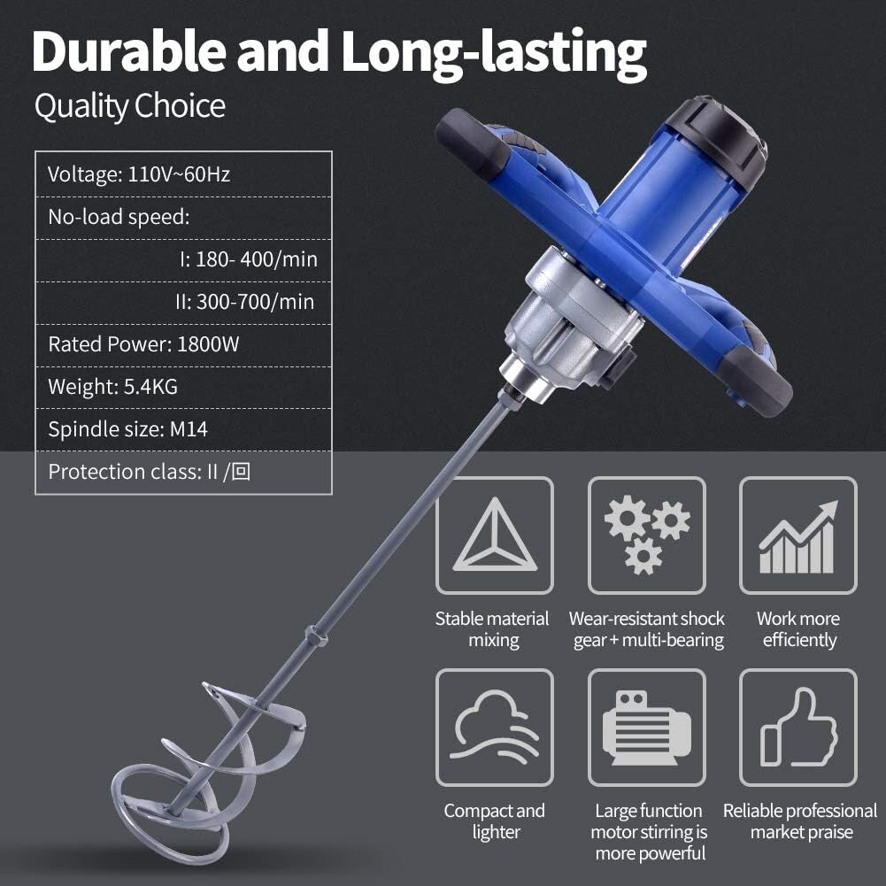 Lightweight 1800W Electric Mixer with 7 Speeds - Perfect for Paint, Grout & More