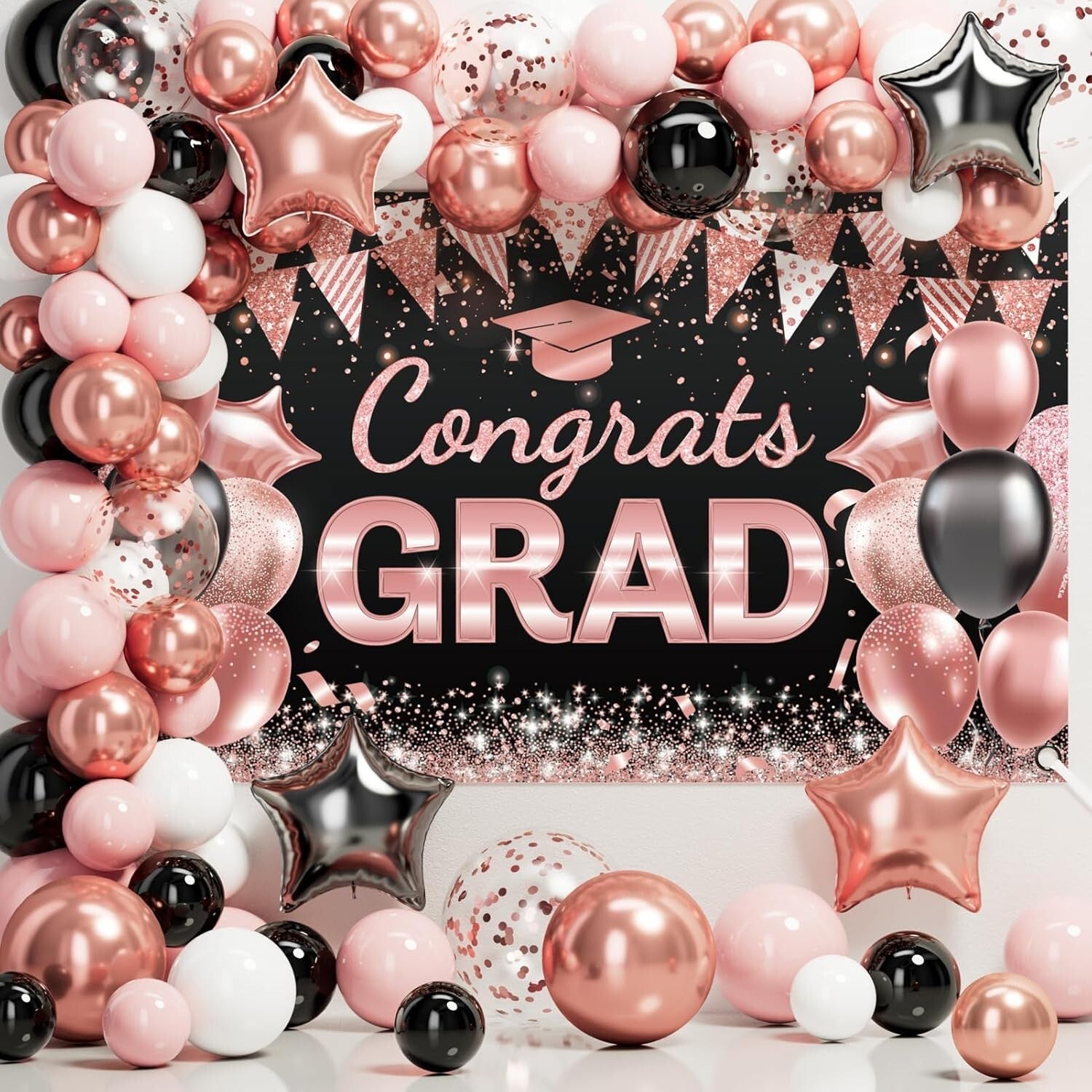 Complete 2025 Graduation Celebration Kit - 245 PCS in Black, Pink & Rose Gold