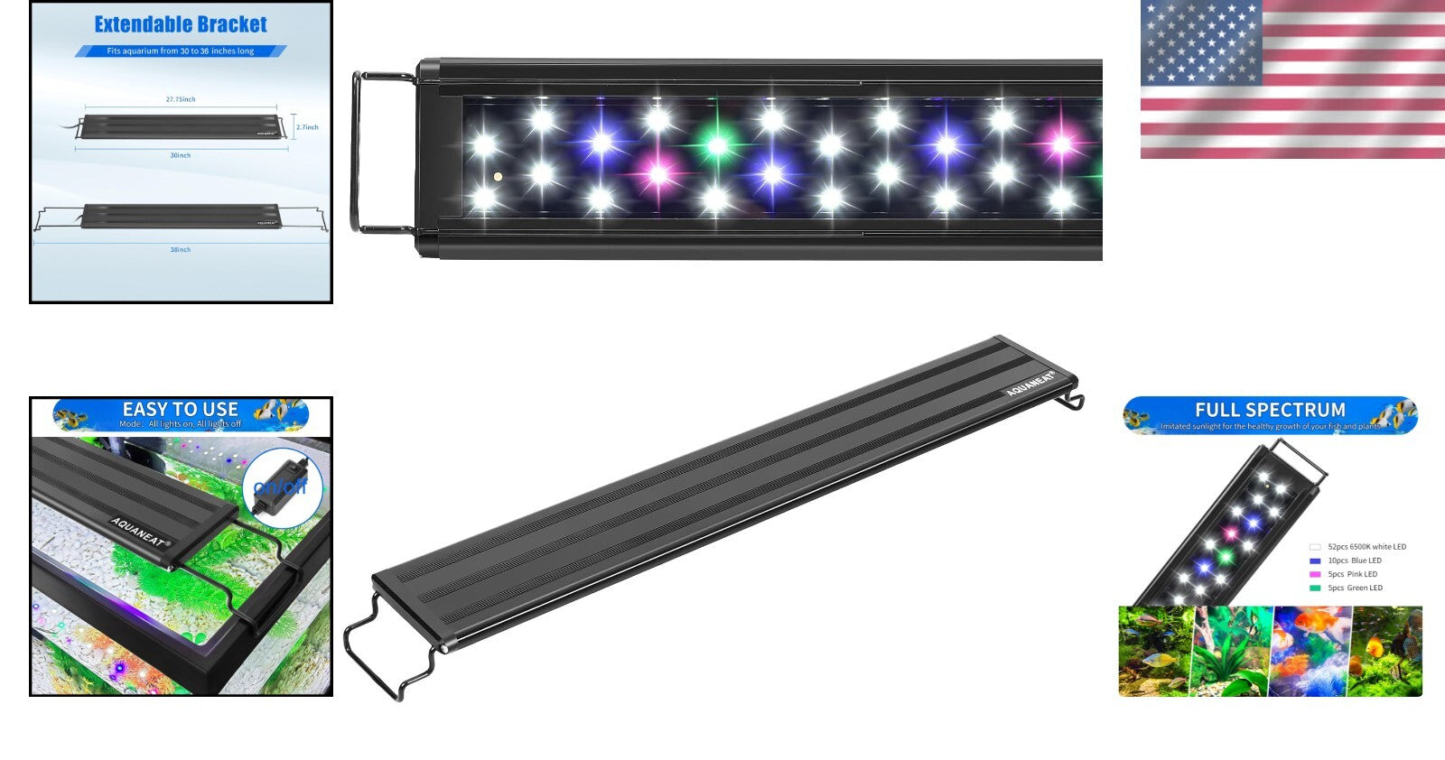 Modern Black LED Aquarium Light - Perfect Fit for 30-36 Inch Tanks, Instant On