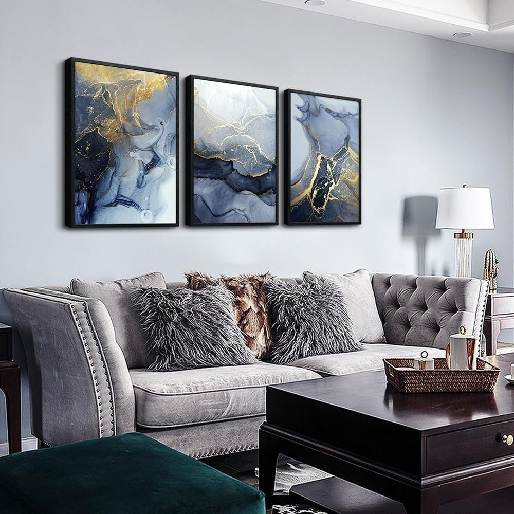 Eye-Catching 3 Panel Abstract Ink Painting – Black Framed Wall Art 20x28 in