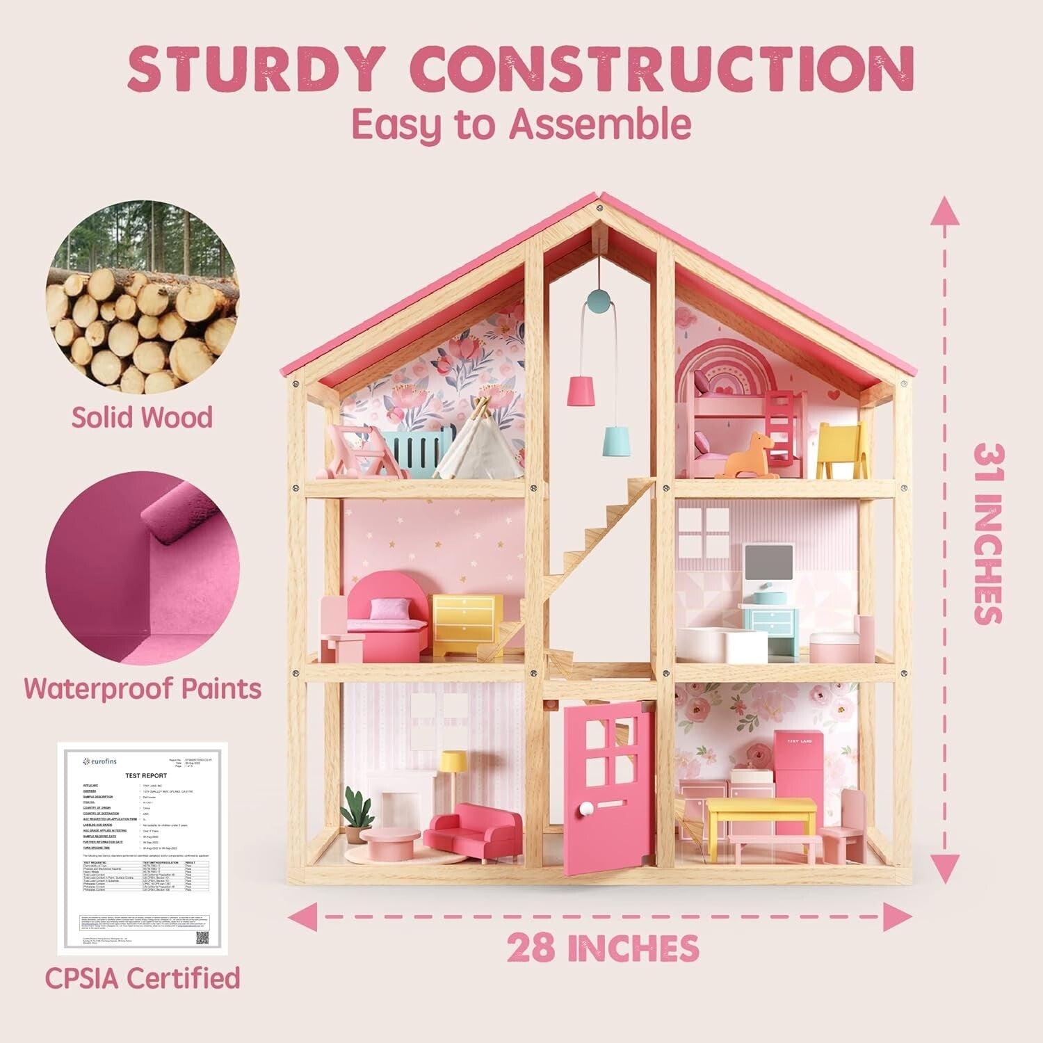 Durable 3-Story Wooden Dollhouse with Modern Furniture for Imaginative Girls