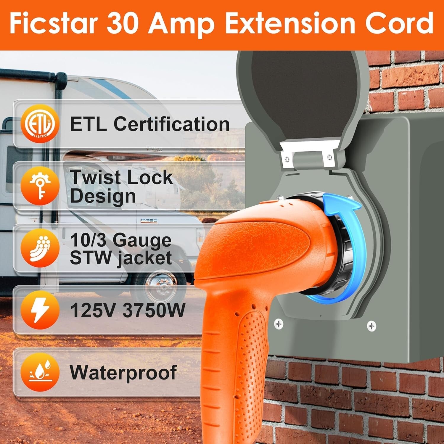 Durable 10ft 30 Amp RV Extension Cord with Twist Lock & Reverse Polarity Light