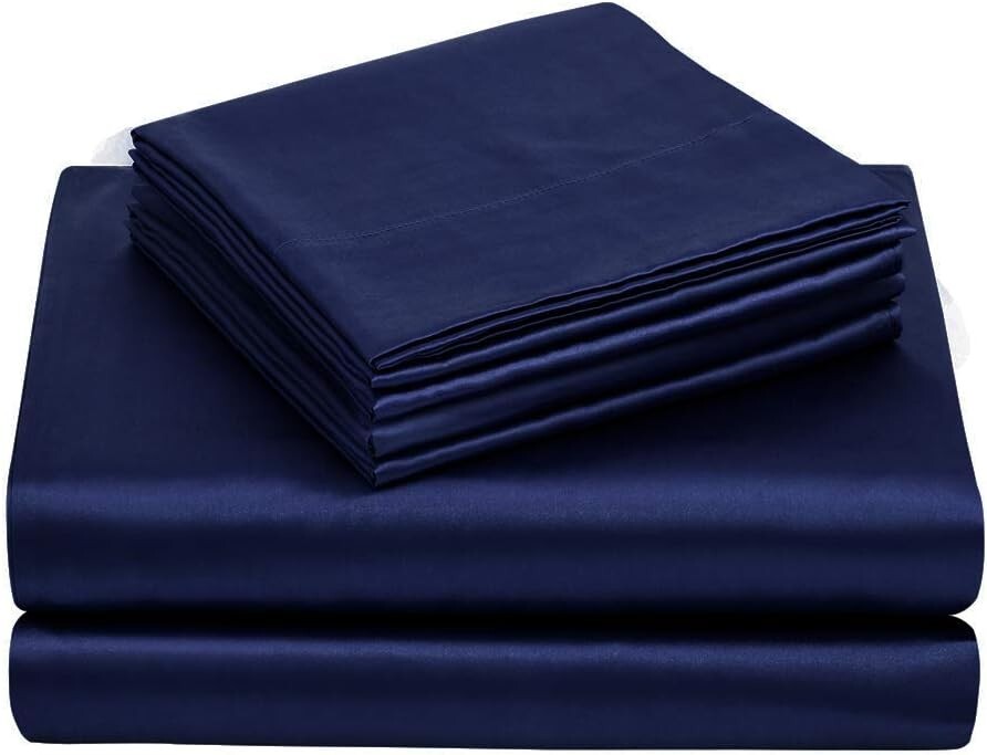 6-Piece Navy Blue King Size Satin Sheet Set - Deep Pocket & Luxurious Comfort