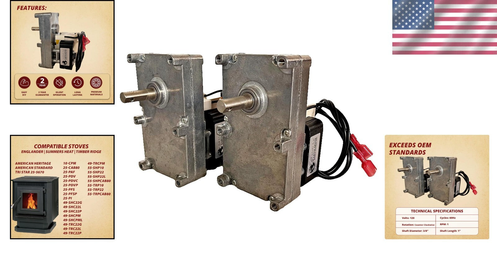 2 Pack Auger Motors for Englander 1 RPM Stoves - No Overheating, Easy Wire Leads