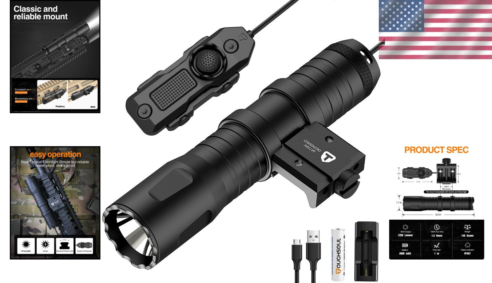 1250 Lumens Tactical Flashlight with Remote Switch - Rechargeable & Waterproof