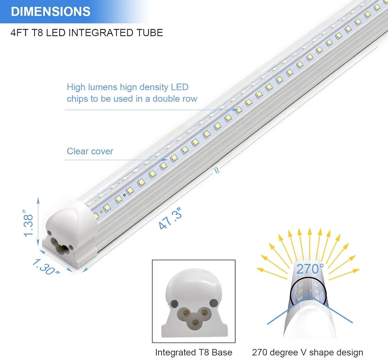 Versatile 4FT LED Tube Lights: 10-Pack, 40W, 6500K - Ideal for Garage & Office