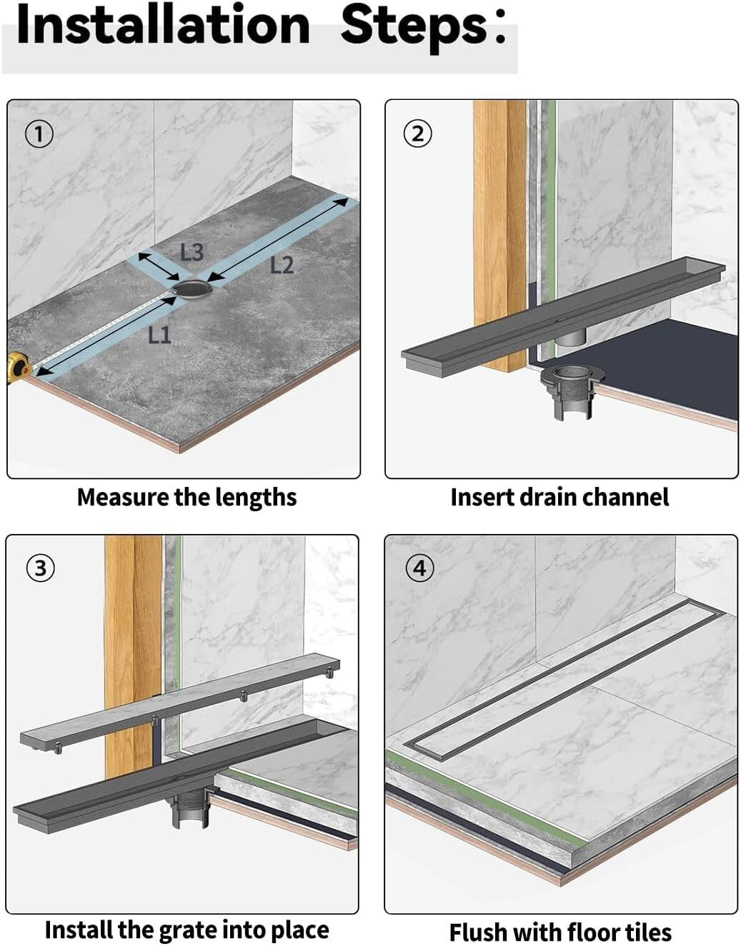 304 Stainless Steel Shower Drain with Adjustable Feet and Hair Strainer, 18 Inch