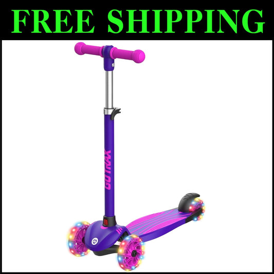 Purple Kids Kick Scooter - 3 Adjustable Heights, LED Wheels, Lightweight Design