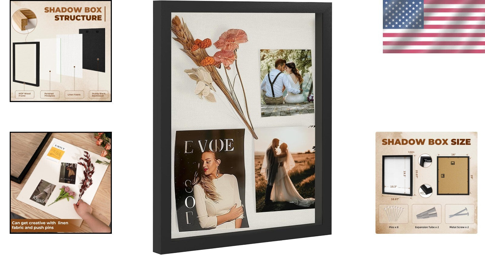 Elegant 16x20 Shadow Box Frame in Black with Shatterproof Plexiglass Cover