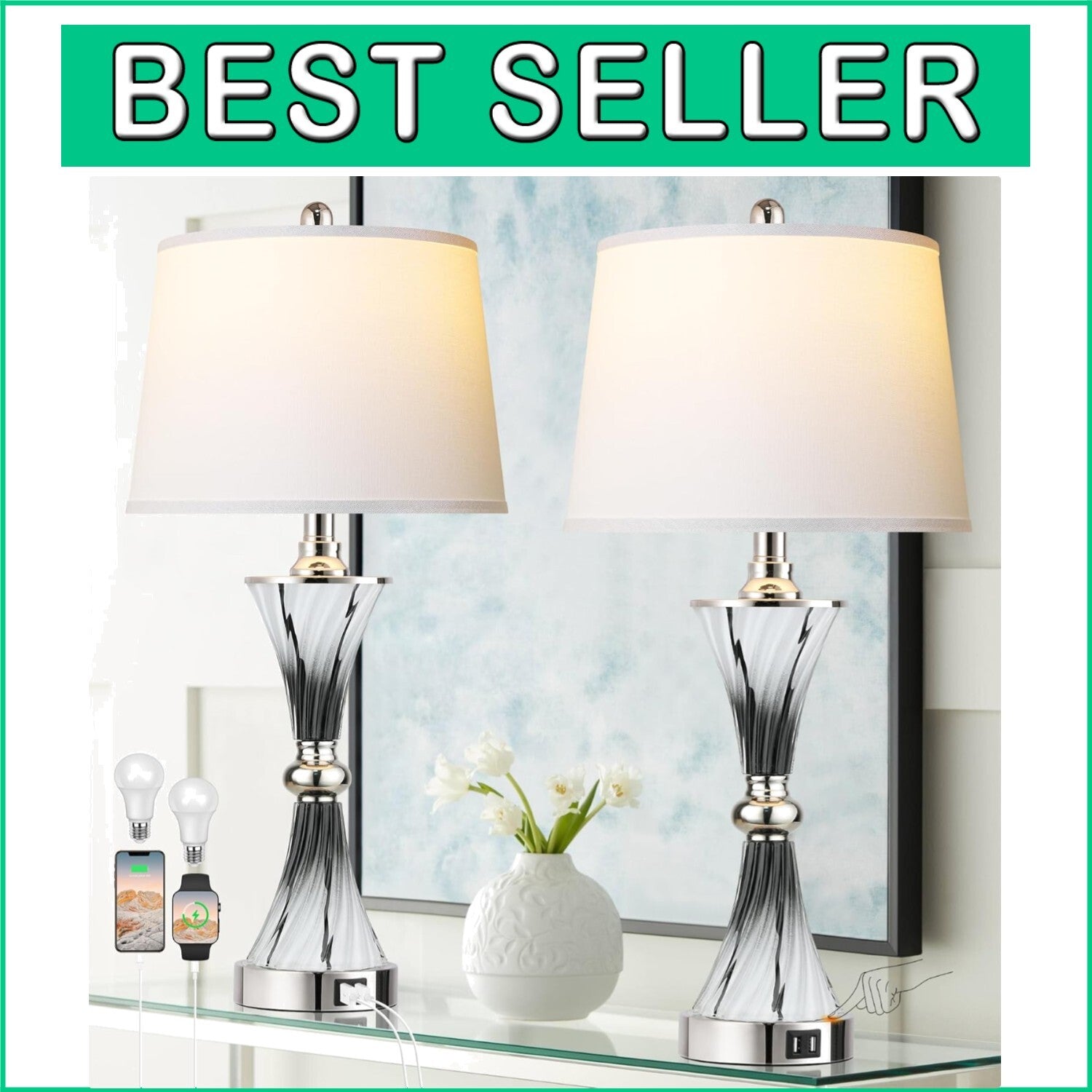 Elegant 3-Way Dimmable Touch Glass Lamps Set of 2 with USB Ports - Dark Grey
