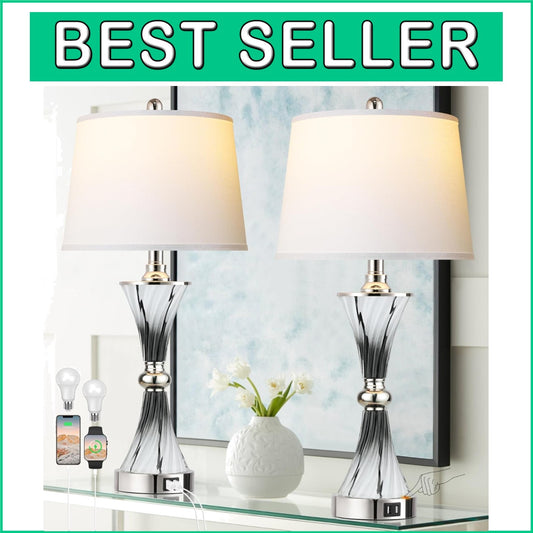 Elegant 3-Way Dimmable Touch Glass Lamps Set of 2 with USB Ports - Dark Grey