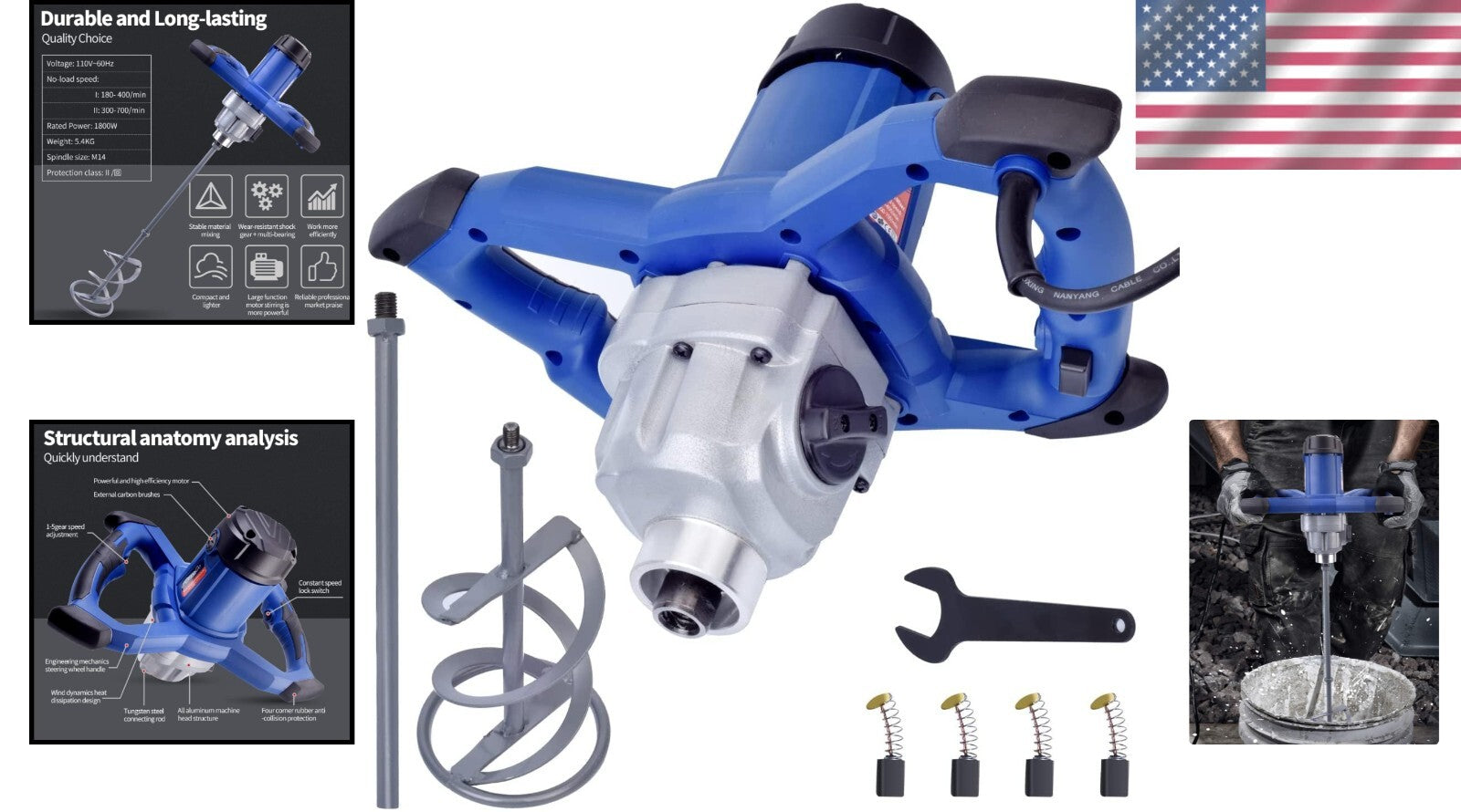 Lightweight 1800W Electric Mixer with 7 Speeds - Perfect for Paint, Grout & More