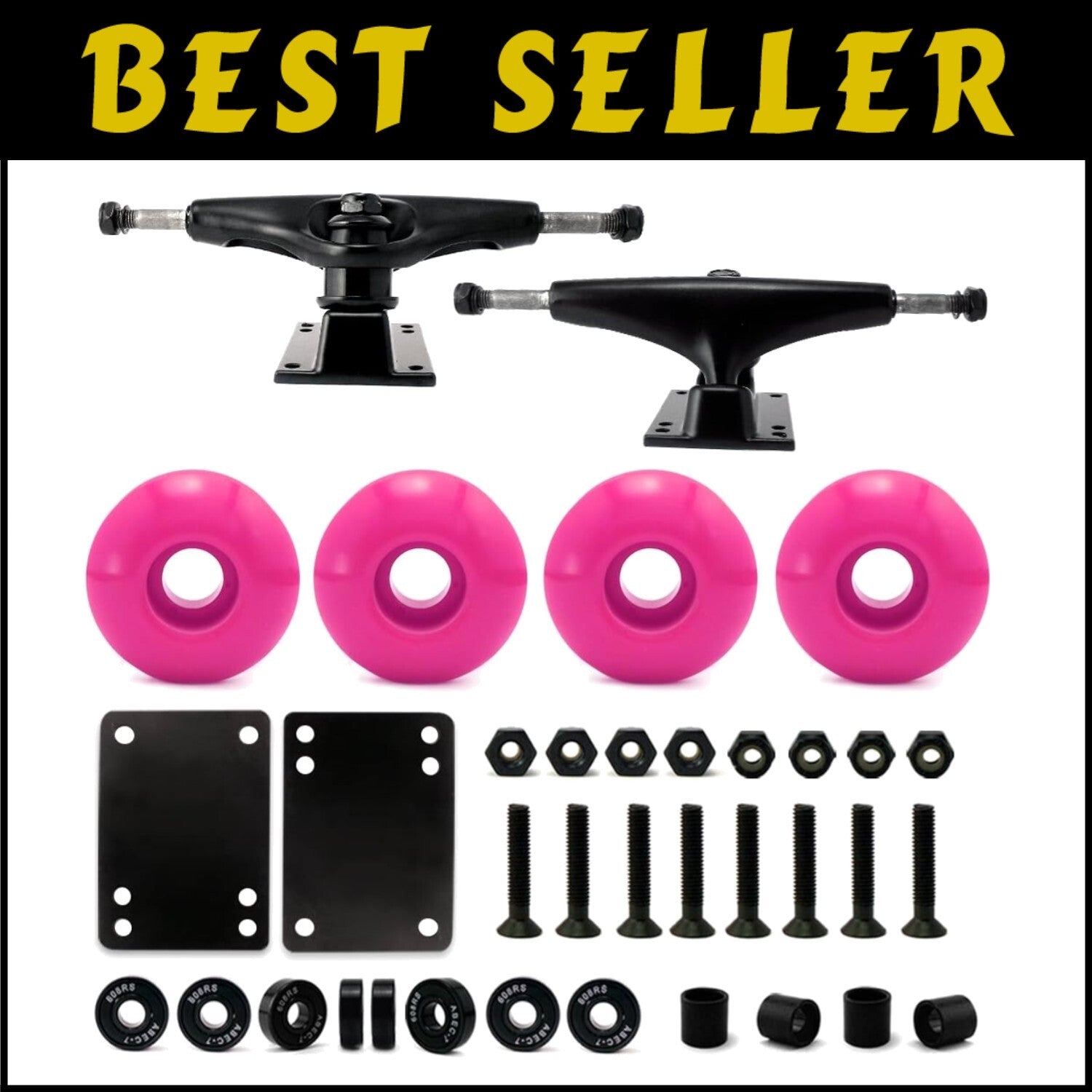 Complete 5.0 Skateboard Parts Kit: Trucks, 52mm Pink Wheels, ABEC 7 Bearings