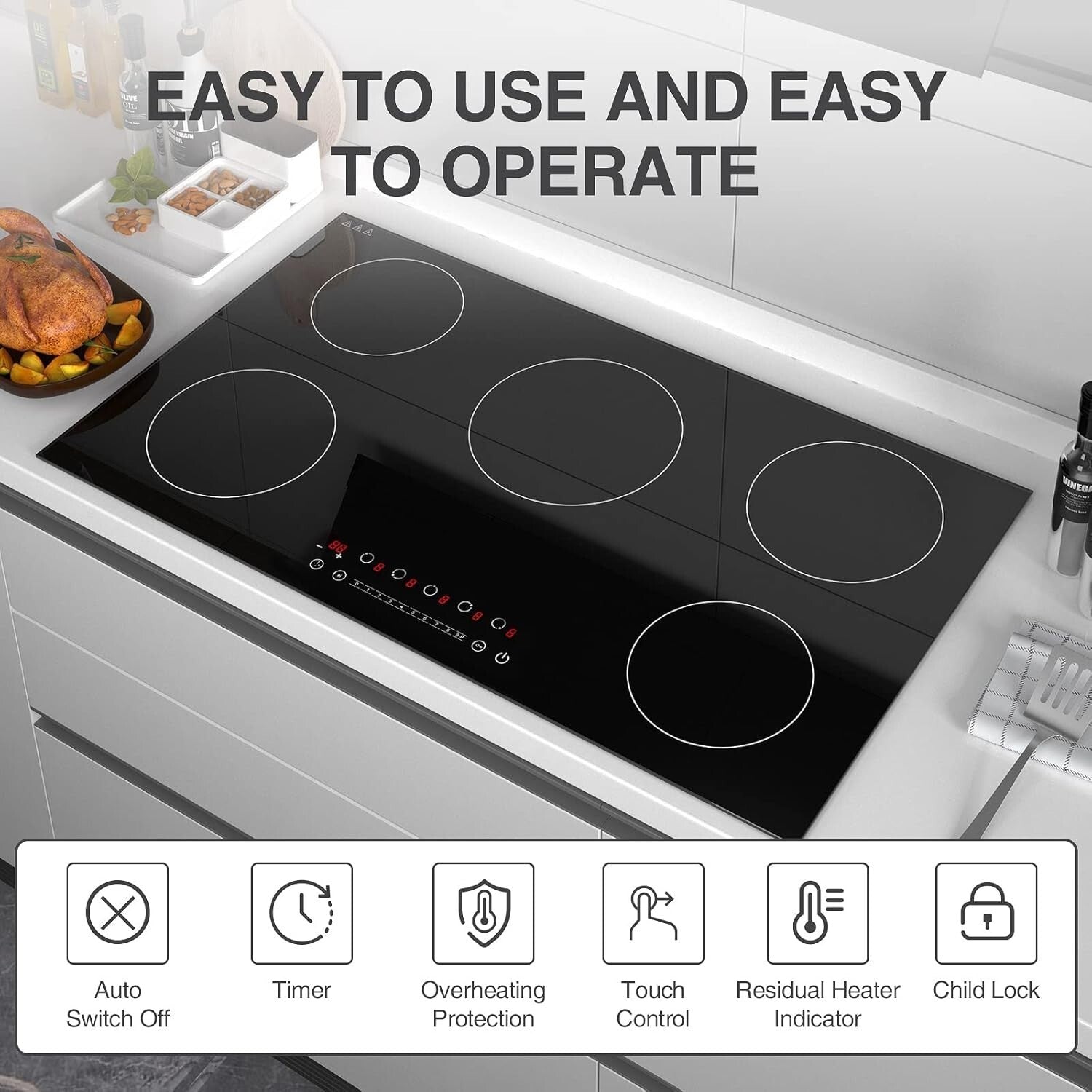 Efficient 36'' Induction Cooktop with 5 High-Power Burners and Safety Features
