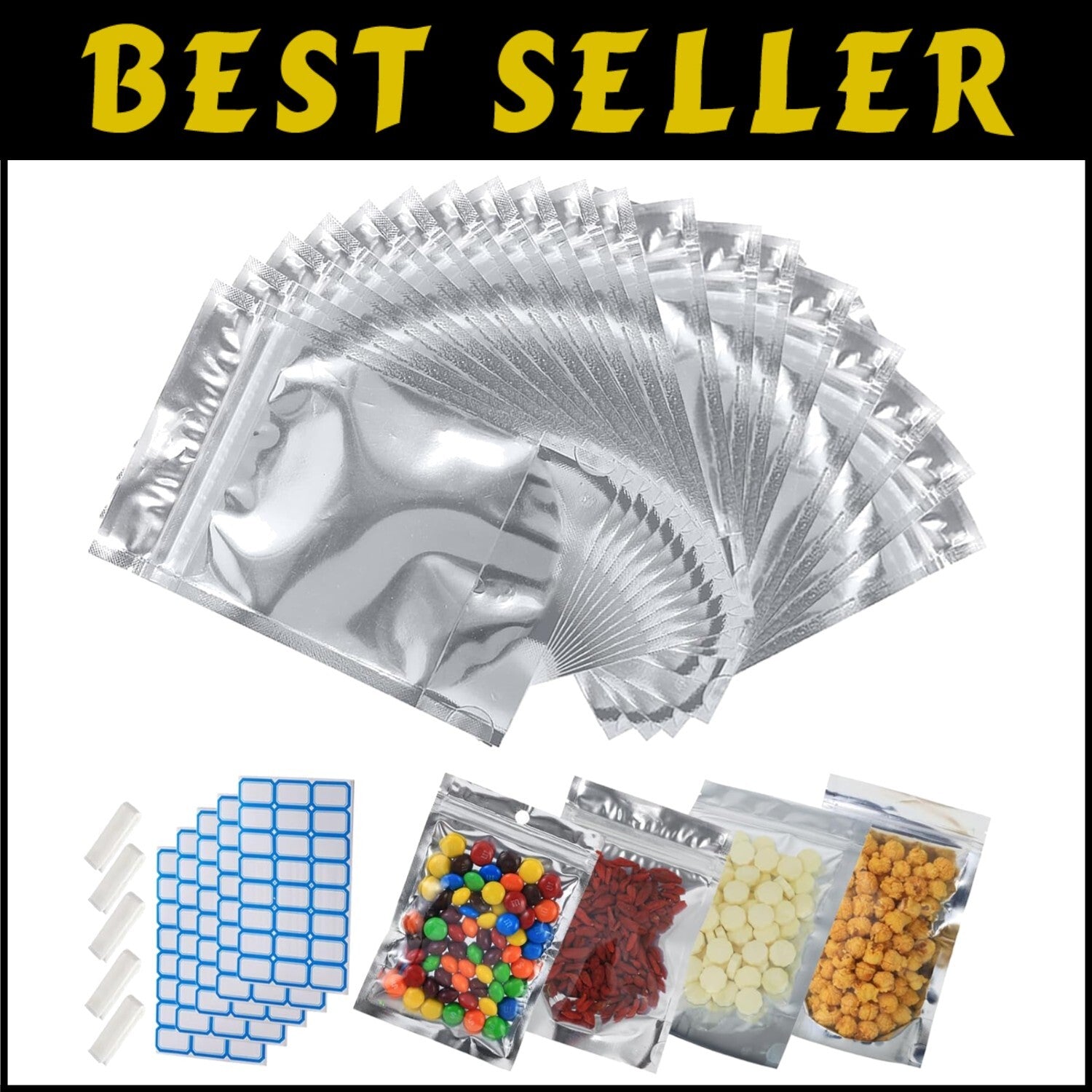 400-Pack Large Resealable Mylar Bags for Food Storage - Smell Proof & Waterproof