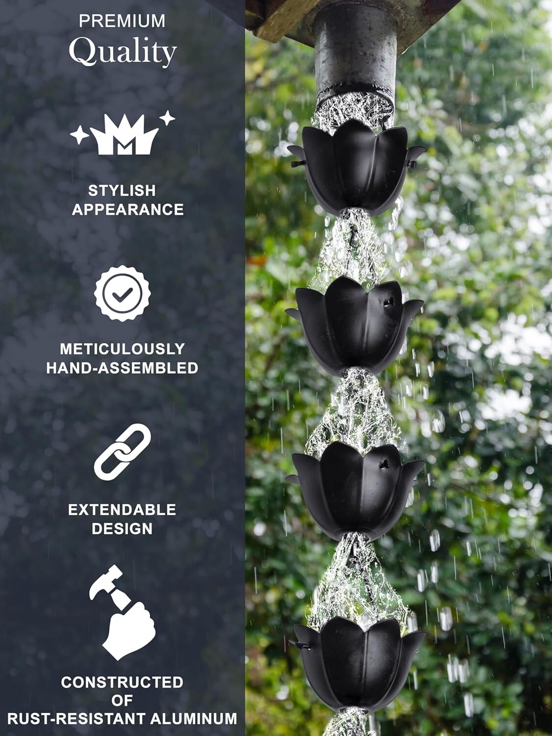 Elegant 8.5ft Black Aluminum Lotus Rain Chain for Efficient Rainwater Management