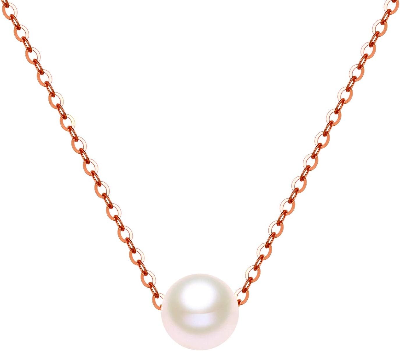 Dainty 14K Gold Pearl Pendant Necklace with Adjustable Rolo Chain 16-18"