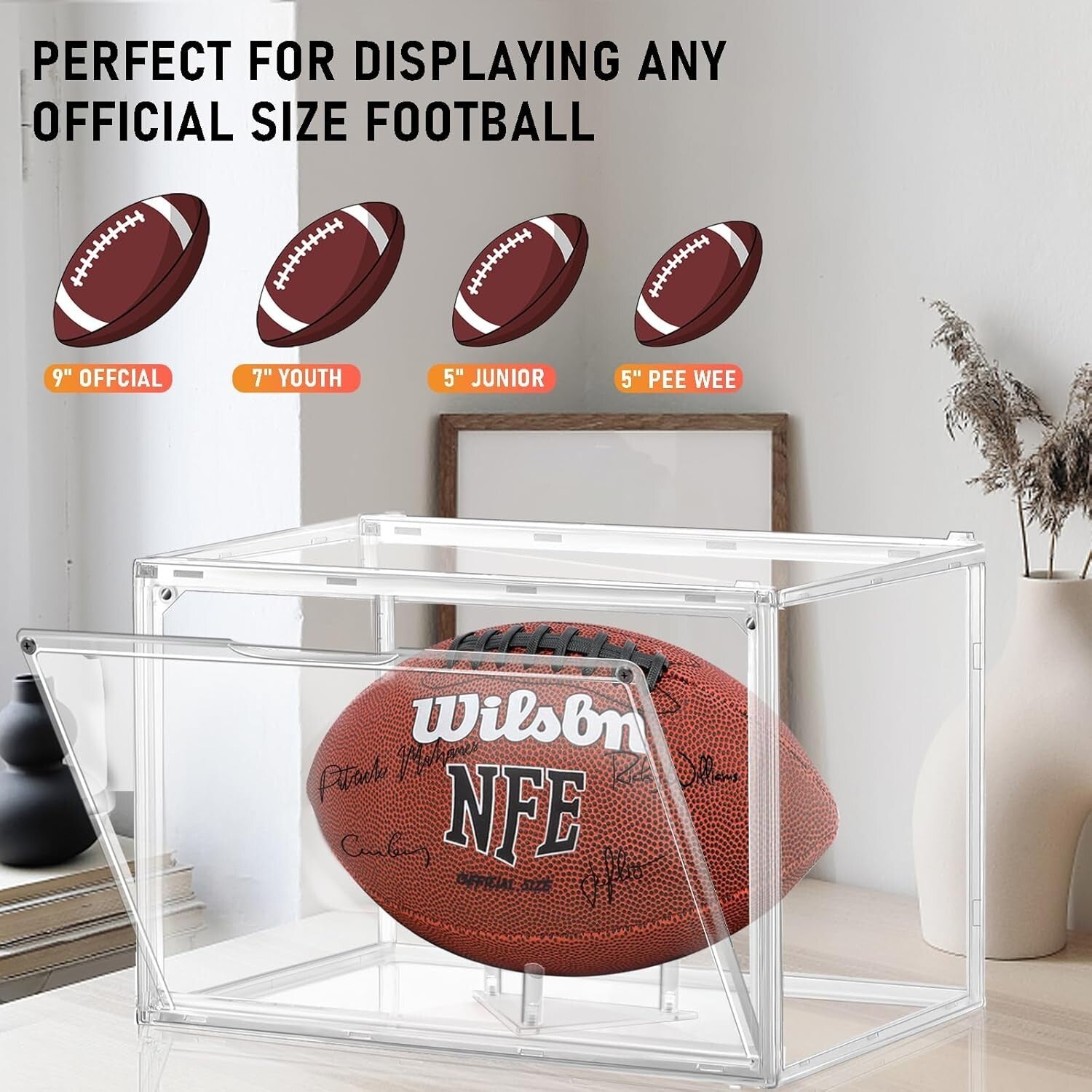 Full Size Football Display Cases - Clear Acrylic with Easy Access Magnetic Door