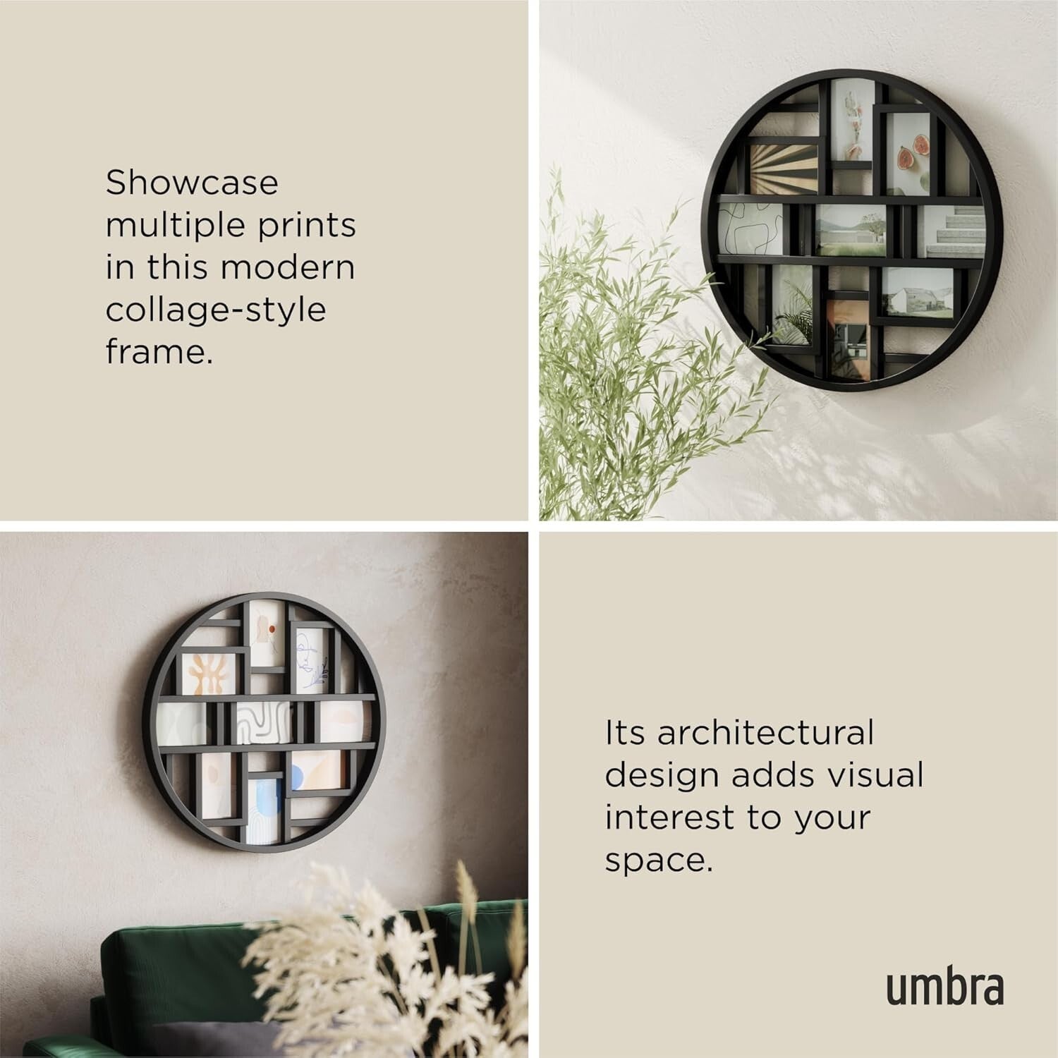 Gallery-Style Black Collage Frame Holds 9 Photos, 22-Inch Round Decor