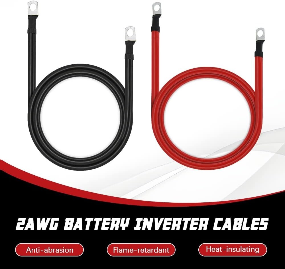 Essential 2 AWG Battery Cables - 5FT Pure Copper for Solar, RV, and Marine Needs