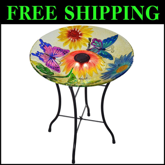 Elegant 18" Solar Glass Birdbath with LED Lights – Attract Butterflies Outdoors