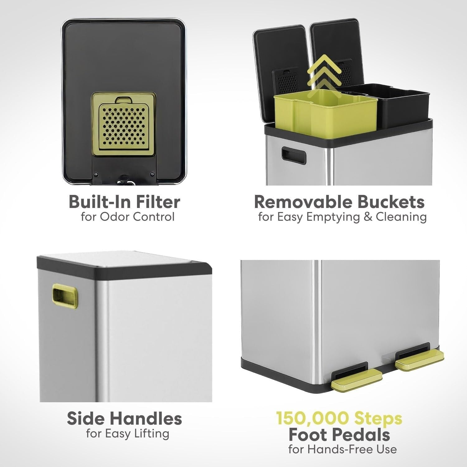 60L Hands-Free Dual Compartment Stainless Steel Recycling Trash Can - Silver