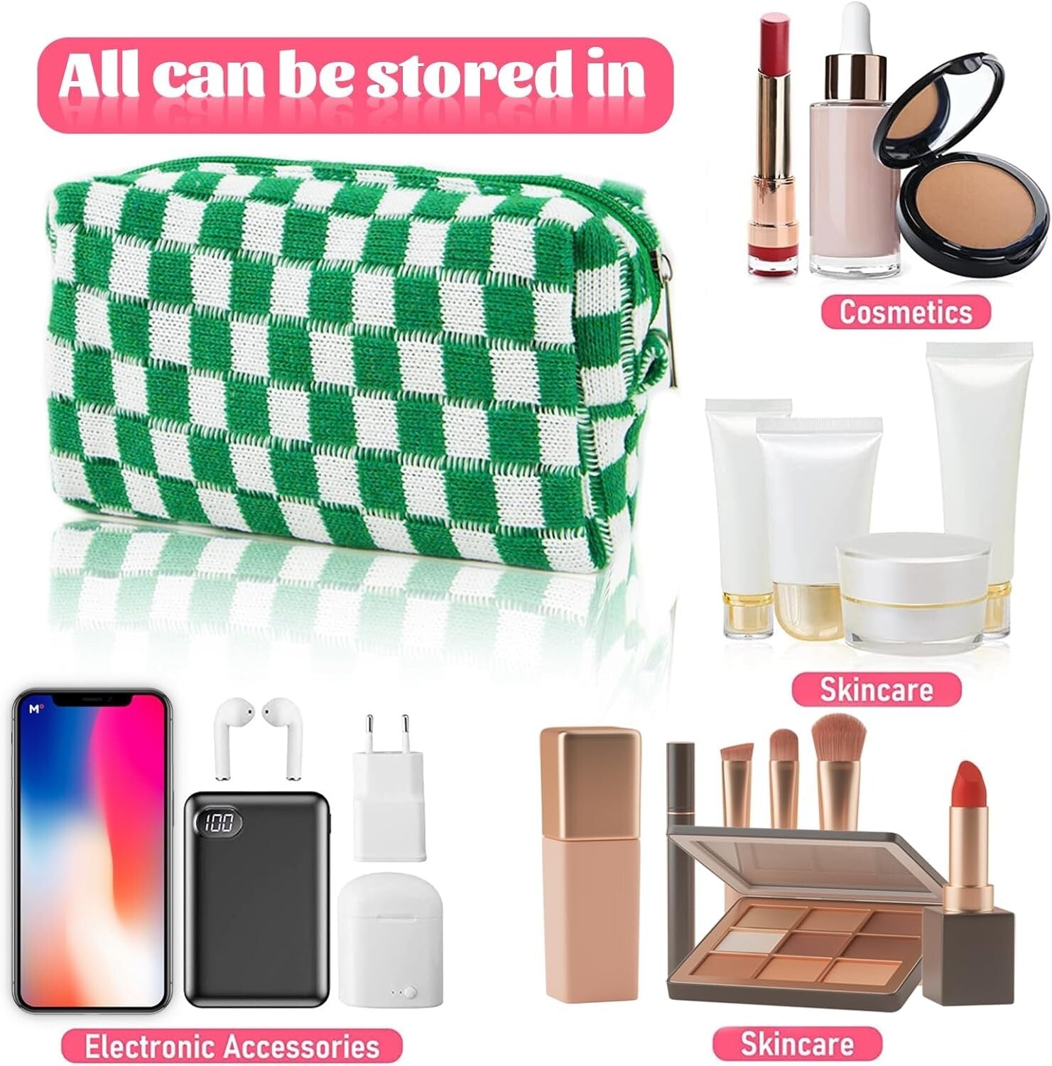 Fashionable Checkered Cosmetic Bags - Multi-Color Large Capacity Travel Set