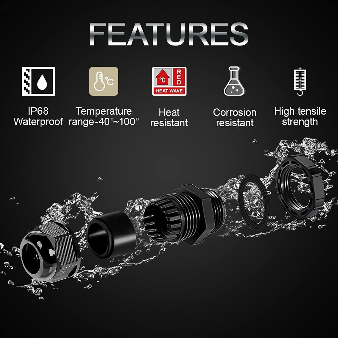 100-Pack NPT 1/2’ Waterproof Cable Glands - Reliable Black Nylon Connectors