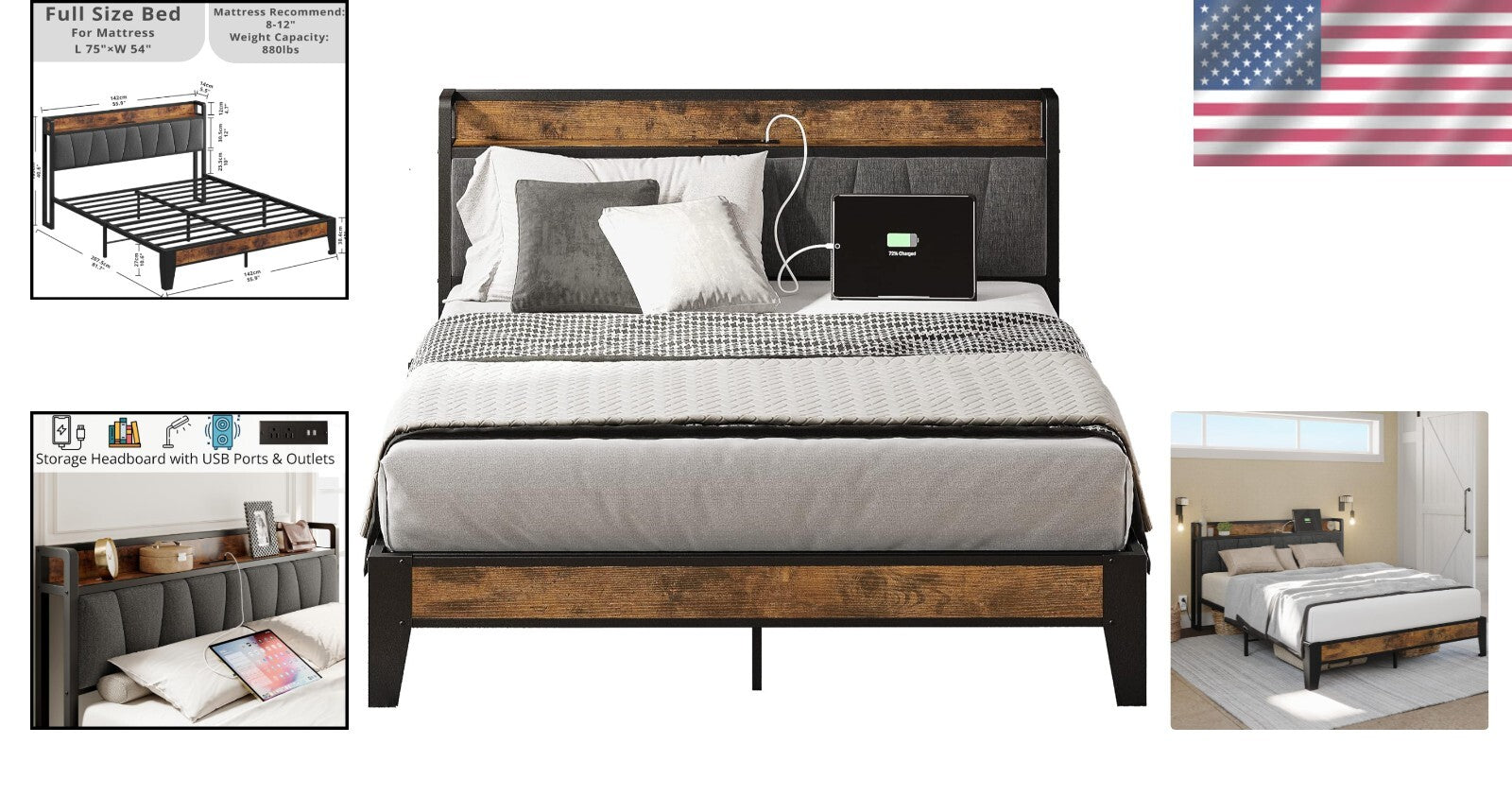 Durable Full Bed Frame with Noise-Free Storage Headboard & USB Charging Ports