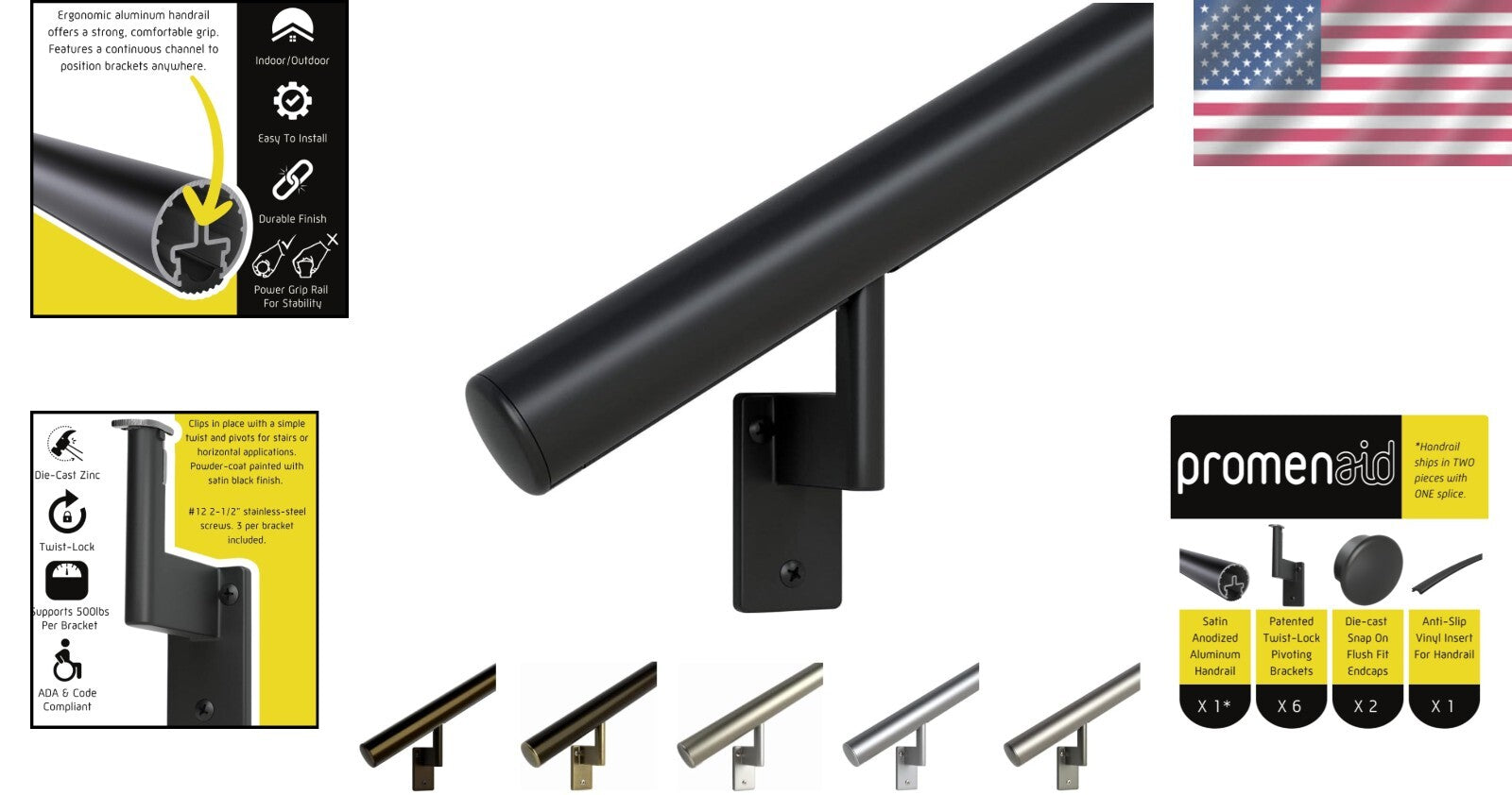 Elegant 6ft Black Anodized Aluminum Handrail Kit with Pivoting Wall Brackets
